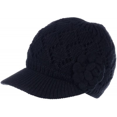 Skullies & Beanies Winter Fashion Knit Cap Hat for Women- Peaked Visor Beanie- Warm Fleece Lined-Many Styles - Black Rose - C...