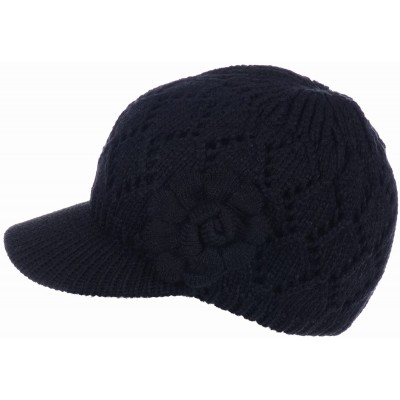 Skullies & Beanies Winter Fashion Knit Cap Hat for Women- Peaked Visor Beanie- Warm Fleece Lined-Many Styles - Black Rose - C...