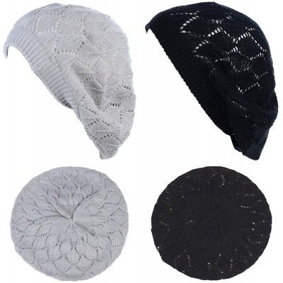 Berets Chic Soft Knit Airy Cutout Lightweight Slouchy Crochet Beret Beanie Hat - 2-pack-silver & Black Leafy - C918Q44DIID $3...