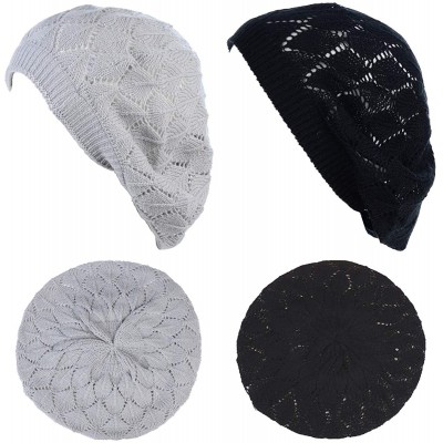 Berets Chic Soft Knit Airy Cutout Lightweight Slouchy Crochet Beret Beanie Hat - 2-pack-silver & Black Leafy - C918Q44DIID $1...