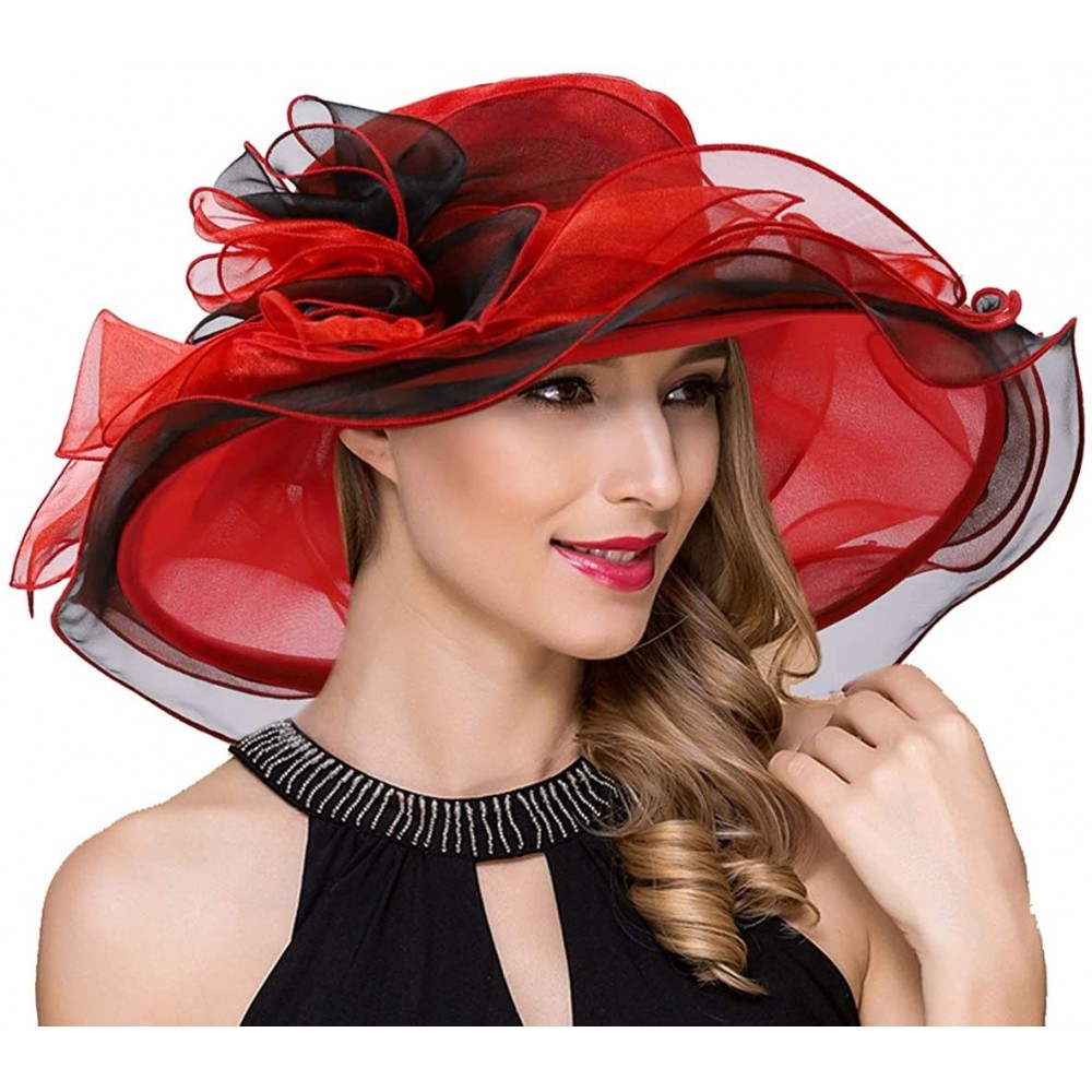 Sun Hats Womens Kentucky Derby Church Dress Fascinator Tea Party Wedding Hats S056 - Red Flower - CJ18C7827G3 $20.21