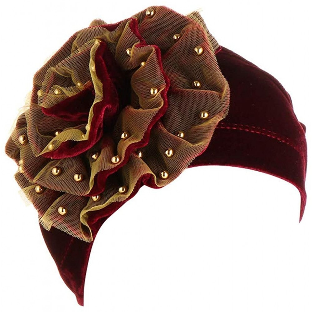 Skullies & Beanies Muslim Hat Pleated Twist Turbans for Women African Printing India Chemo Cap Hairwrap Headwear - Wine-a - C...