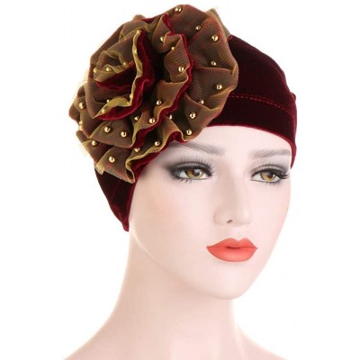 Skullies & Beanies Muslim Hat Pleated Twist Turbans for Women African Printing India Chemo Cap Hairwrap Headwear - Wine-a - C...
