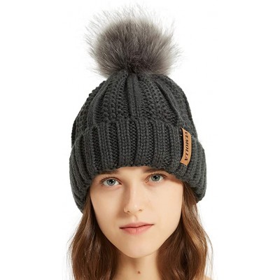 Skullies & Beanies Women Thick Cable Knit Faux Fuzzy Fur Pom Winter Skull Cap Cuff Beanie - Black/Dark Grey 2pcs - C418A52G7R...