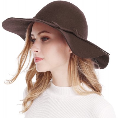 Sun Hats Women's Wide Brim Wool Ribbon Band Floppy Hat - Coffee - CJ11N7Q060P $23.05