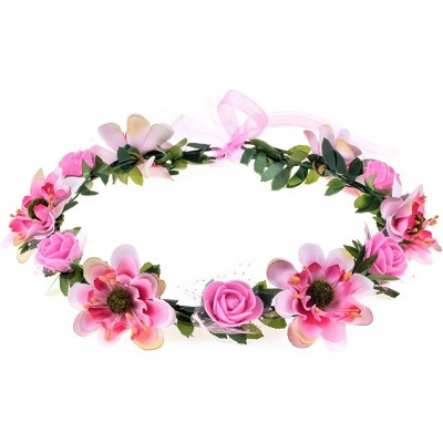 Headbands Rose Flower Leave Crown Bridal with Adjustable Ribbon - Pink - CU183NAC6EM $12.64