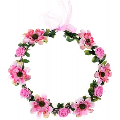 Headbands Rose Flower Leave Crown Bridal with Adjustable Ribbon - Pink - CU183NAC6EM $12.64