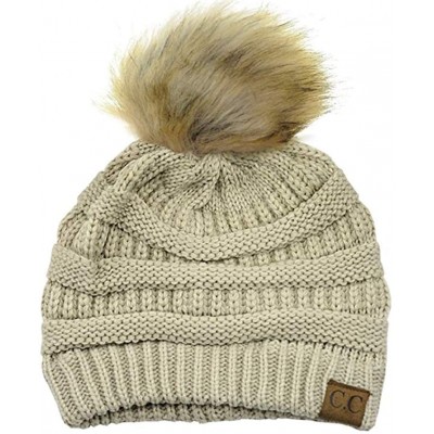 Skullies & Beanies Soft Warm Cable Knit Faux Fur Pom Pom Winter Skull Cap - Beige - CM18Y6HIYIR $31.42