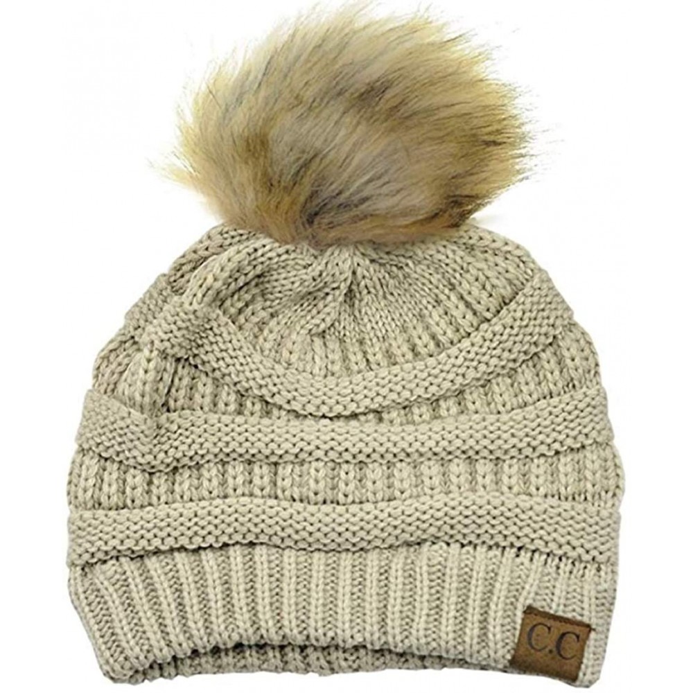 Skullies & Beanies Soft Warm Cable Knit Faux Fur Pom Pom Winter Skull Cap - Beige - CM18Y6HIYIR $16.78