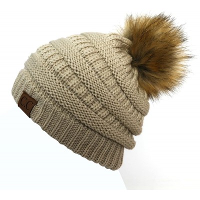 Skullies & Beanies Soft Warm Cable Knit Faux Fur Pom Pom Winter Skull Cap - Beige - CM18Y6HIYIR $16.78