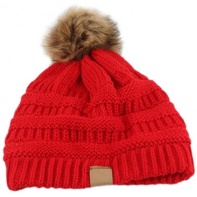 Skullies & Beanies Fashion Women Faux Fur Pom Pom Beanie Cap Winter Outdoor Warm Woolen Yard Hat - Red - C1187LY0EWZ $18.12
