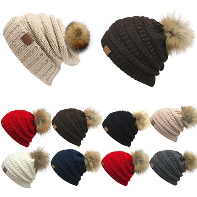 Skullies & Beanies Fashion Women Faux Fur Pom Pom Beanie Cap Winter Outdoor Warm Woolen Yard Hat - Red - C1187LY0EWZ $9.65