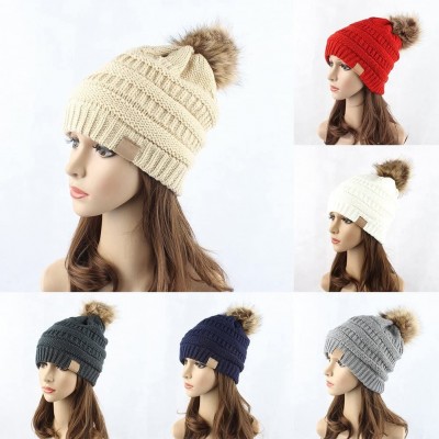 Skullies & Beanies Fashion Women Faux Fur Pom Pom Beanie Cap Winter Outdoor Warm Woolen Yard Hat - Red - C1187LY0EWZ $9.65