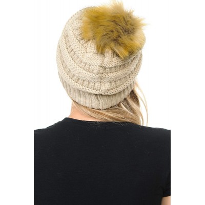 Skullies & Beanies Soft Warm Cable Knit Faux Fur Pom Pom Winter Skull Cap - Beige - CM18Y6HIYIR $16.78