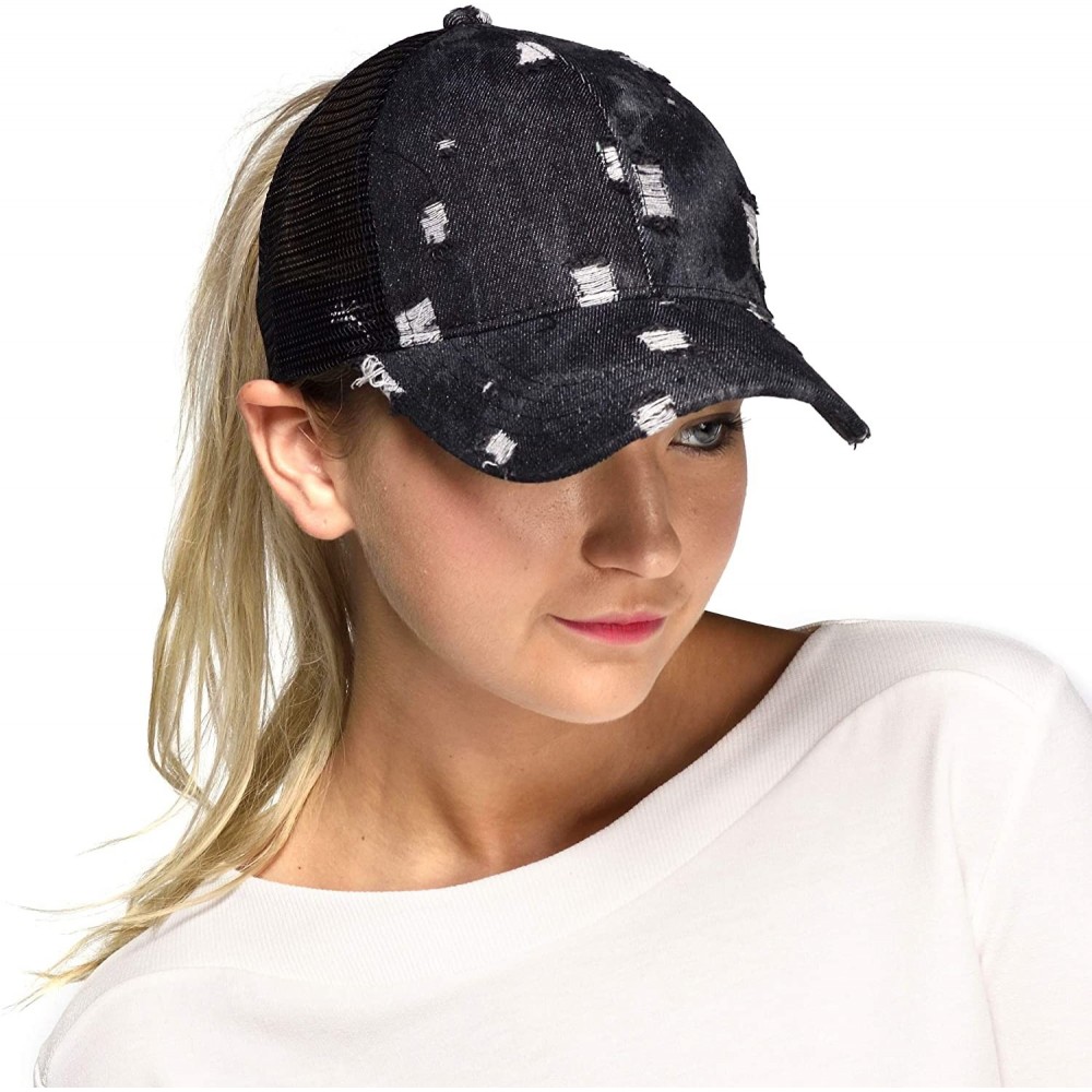 Baseball Caps Hatsandscarf Exclusives Messy Buns Damaged Denim Fabric Trucker Hat with Ponytail Baseball Cap (BT-8) - C218Q37...