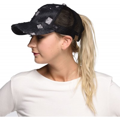 Baseball Caps Hatsandscarf Exclusives Messy Buns Damaged Denim Fabric Trucker Hat with Ponytail Baseball Cap (BT-8) - C218Q37...