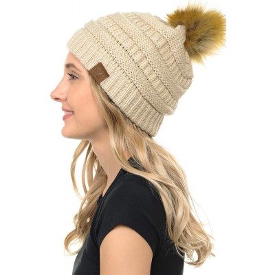 Skullies & Beanies Soft Warm Cable Knit Faux Fur Pom Pom Winter Skull Cap - Beige - CM18Y6HIYIR $16.78