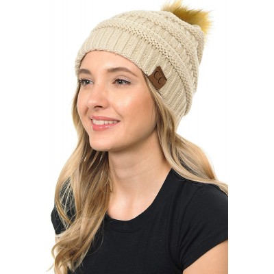 Skullies & Beanies Soft Warm Cable Knit Faux Fur Pom Pom Winter Skull Cap - Beige - CM18Y6HIYIR $16.78