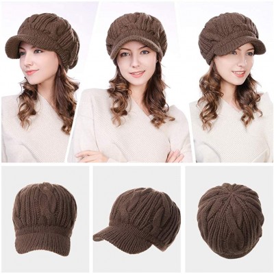 Skullies & Beanies Womens Knit Visor Beanie Newsboy Cap Winter Warm Hat Cold Snow Weather Girl 55-60cm - 10120-brownlining - ...