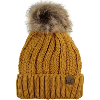 Skullies & Beanies Thick Cable Knit Faux Fuzzy Fur Pom Fleece Lined Skull Cap Cuff Beanie - Mustard - CD185IOQK3Z $20.07