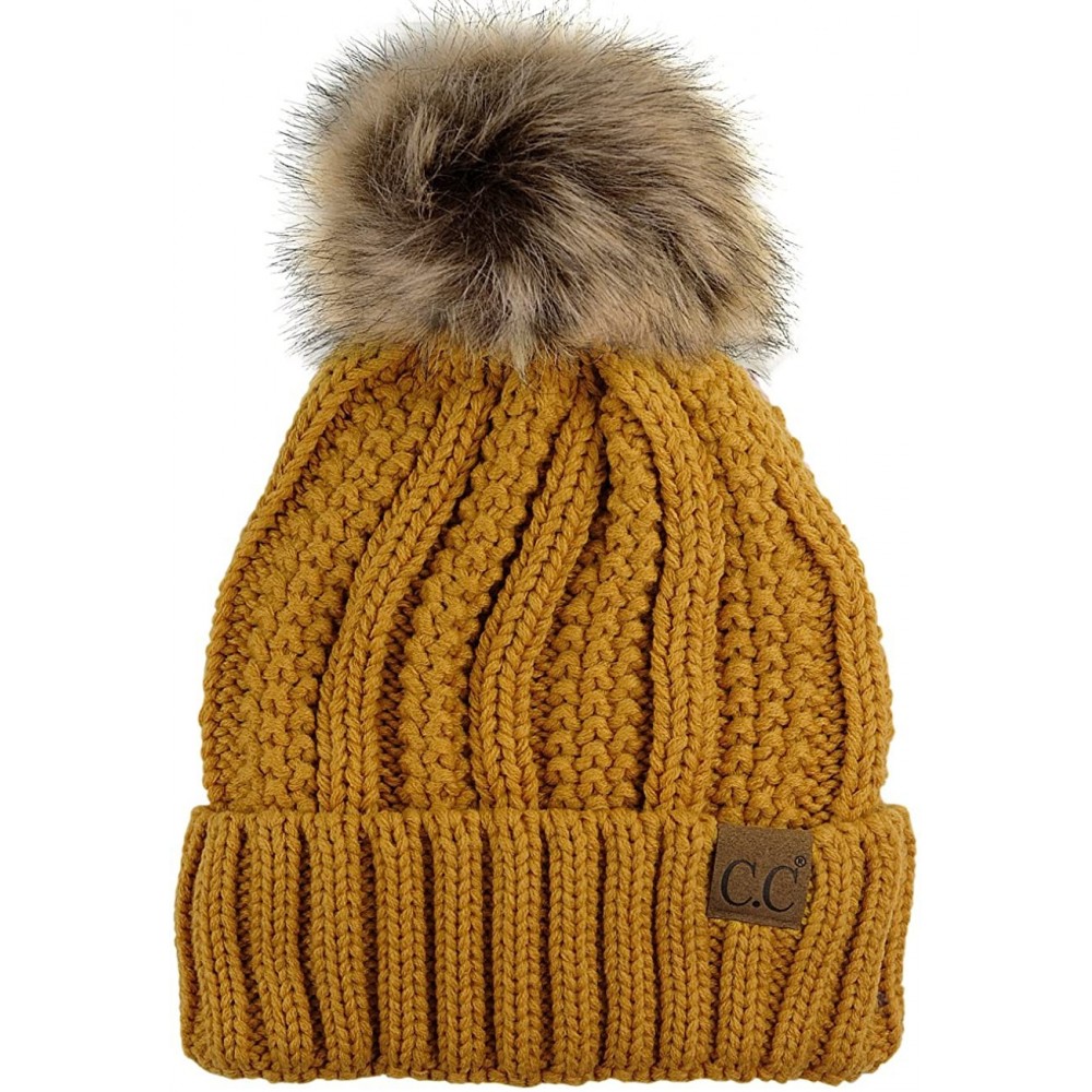 Skullies & Beanies Thick Cable Knit Faux Fuzzy Fur Pom Fleece Lined Skull Cap Cuff Beanie - Mustard - CD185IOQK3Z $20.07