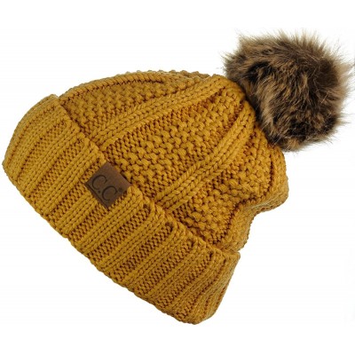 Skullies & Beanies Thick Cable Knit Faux Fuzzy Fur Pom Fleece Lined Skull Cap Cuff Beanie - Mustard - CD185IOQK3Z $20.07