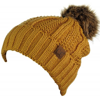 Skullies & Beanies Thick Cable Knit Faux Fuzzy Fur Pom Fleece Lined Skull Cap Cuff Beanie - Mustard - CD185IOQK3Z $20.07