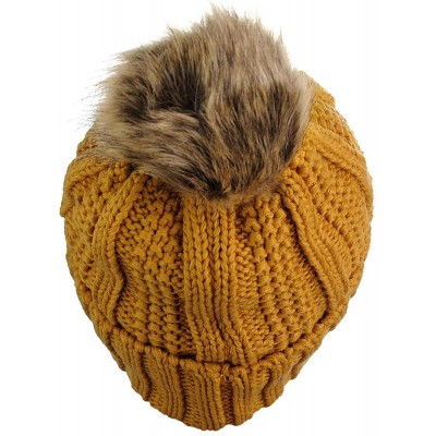 Skullies & Beanies Thick Cable Knit Faux Fuzzy Fur Pom Fleece Lined Skull Cap Cuff Beanie - Mustard - CD185IOQK3Z $20.07