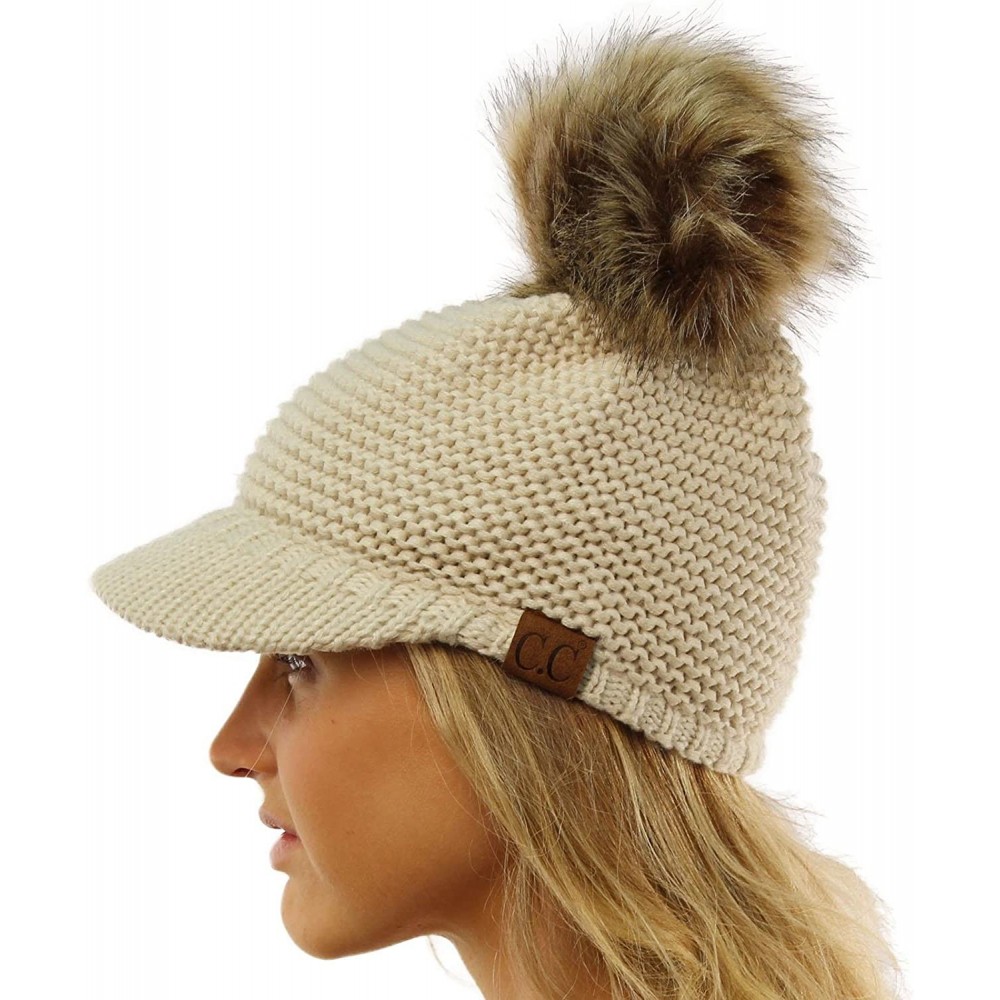 Skullies & Beanies Fur Pom Pom Visor Bill UV Sun Thick Stretchy Knit Beanie Skully Cap Hat - Beige - CB12KAN19DJ $12.15