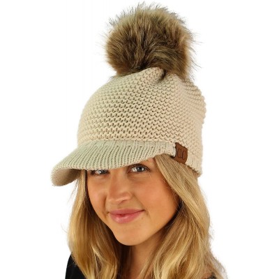 Skullies & Beanies Fur Pom Pom Visor Bill UV Sun Thick Stretchy Knit Beanie Skully Cap Hat - Beige - CB12KAN19DJ $12.15