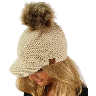 Skullies & Beanies Fur Pom Pom Visor Bill UV Sun Thick Stretchy Knit Beanie Skully Cap Hat - Beige - CB12KAN19DJ $12.15