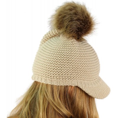 Skullies & Beanies Fur Pom Pom Visor Bill UV Sun Thick Stretchy Knit Beanie Skully Cap Hat - Beige - CB12KAN19DJ $12.15