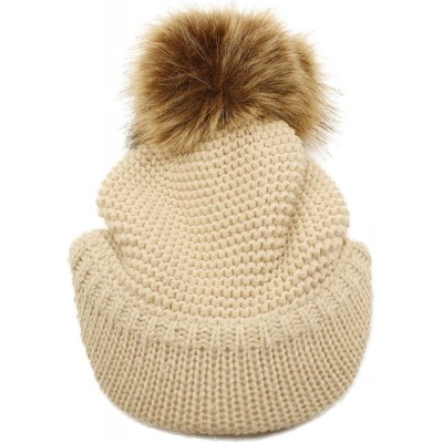 Skullies & Beanies Fur Pom Pom Visor Bill UV Sun Thick Stretchy Knit Beanie Skully Cap Hat - Beige - CB12KAN19DJ $12.15