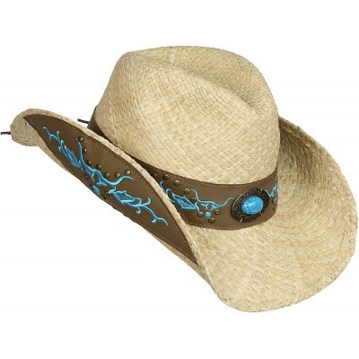 Cowboy Hats Straw Cowboy Hat w/Faux Leather- Teal Bull Design- Turquoise Concho- Shapeable Brim UPF 50 - C117WUOLIQL $32.21