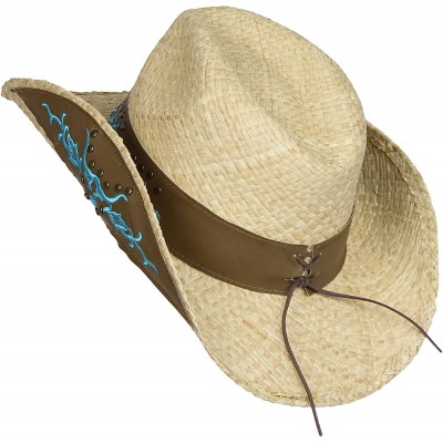 Cowboy Hats Straw Cowboy Hat w/Faux Leather- Teal Bull Design- Turquoise Concho- Shapeable Brim UPF 50 - C117WUOLIQL $32.21
