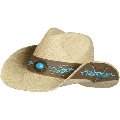 Cowboy Hats Straw Cowboy Hat w/Faux Leather- Teal Bull Design- Turquoise Concho- Shapeable Brim UPF 50 - C117WUOLIQL $32.21