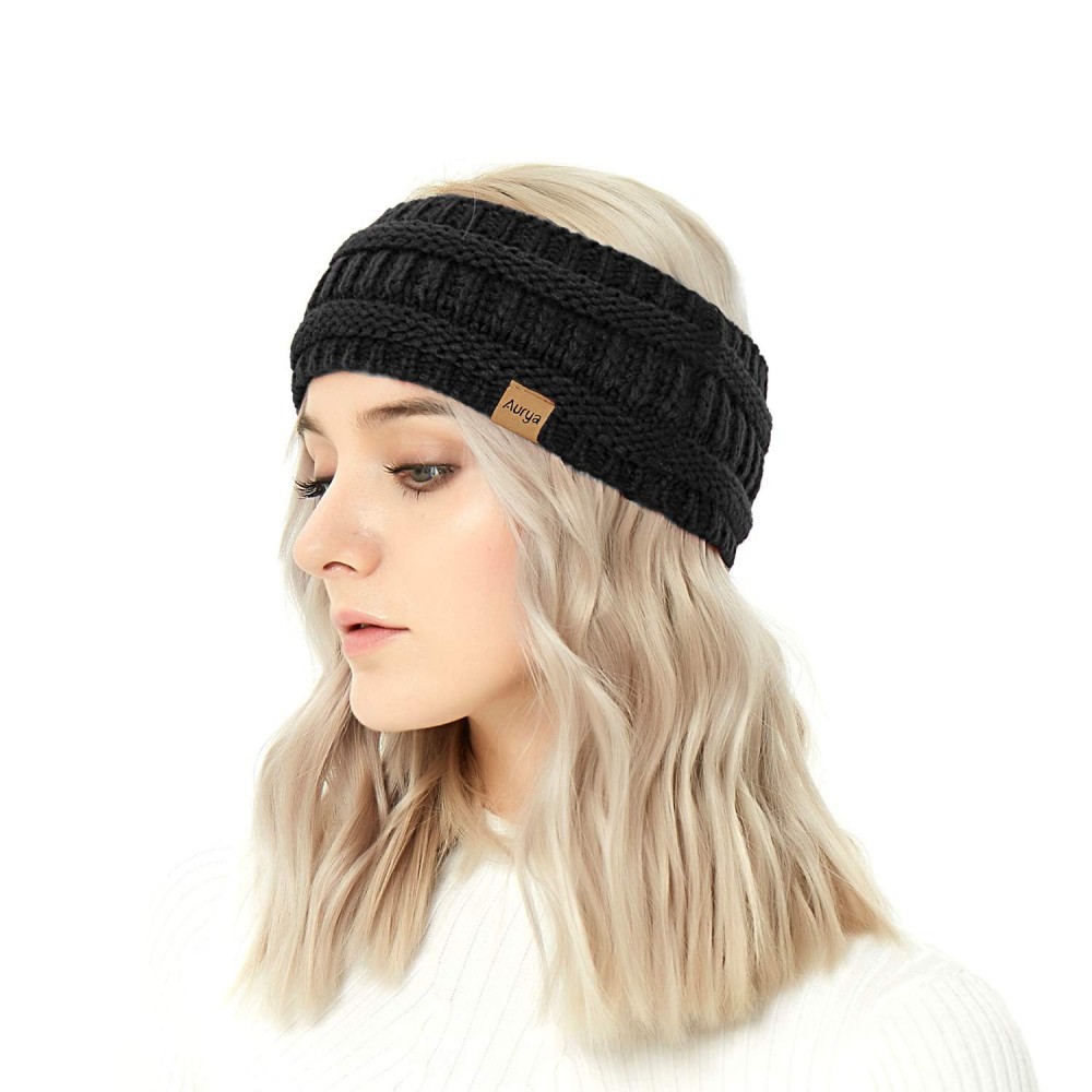 Cold Weather Headbands Winter Warm Cable Knit headband Head Wrap Ear Warmer for Women (Black) - Black - CT18ZT7EEMI $7.38