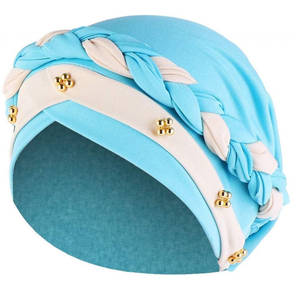 Skullies & Beanies Fashion Women India Hat Muslim Ruffle Cancer Chemo Beanie Turban Wrap Cap Gift - Beading Sky Blue 1 - CE19...