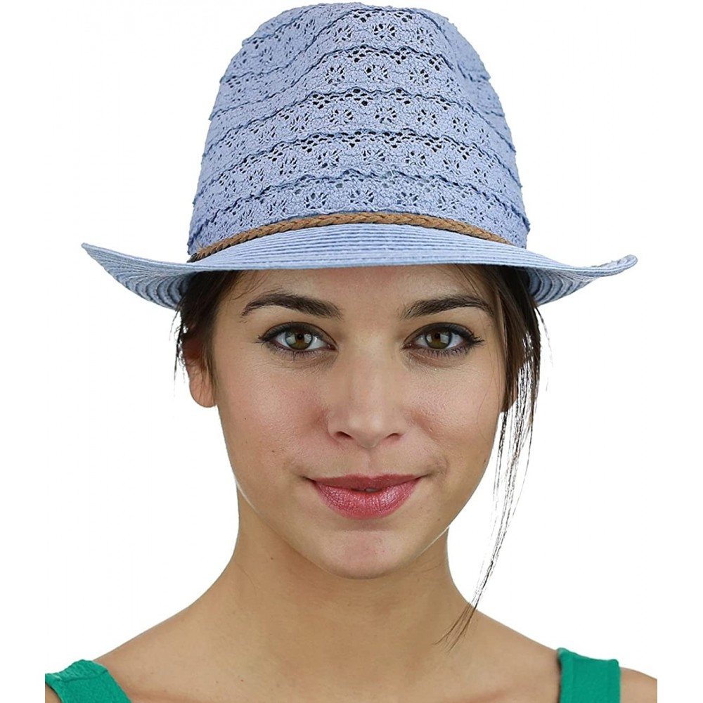 Fedoras Braided Trim Spring Summer Cotton Lace Vented Fedora Hat - Denim - C317YKDQHMA $12.50