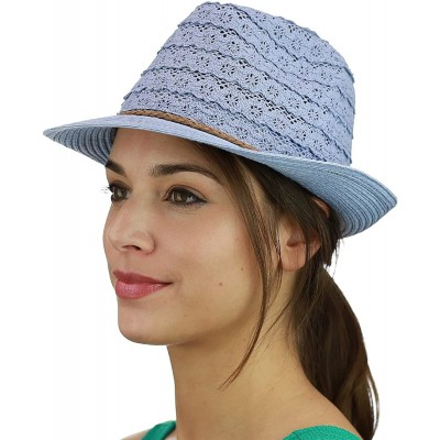 Fedoras Braided Trim Spring Summer Cotton Lace Vented Fedora Hat - Denim - C317YKDQHMA $12.50