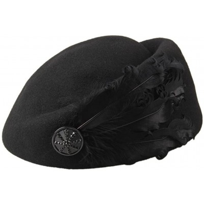 Berets Women's Vintage Feather Wool Beret Cap British Style Pillbox Hat - Black - C9124X1DCKD $21.85