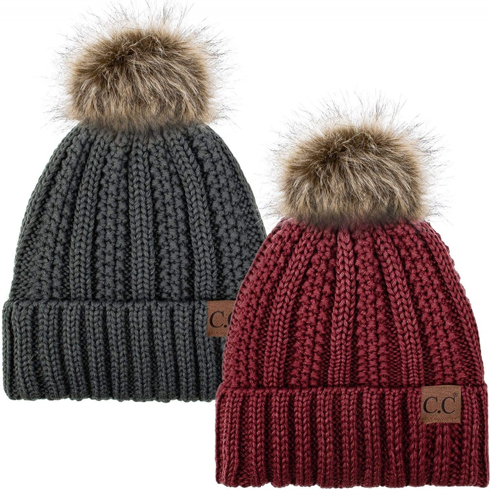 Skullies & Beanies Thick Cable Knit Hat Faux Fur Pom Fleece Lined Cap Cuff Beanie 2 Pack - Burgundy/Dk Melange - CO1924A4LGI ...