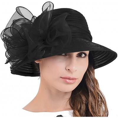 Sun Hats Ascot Kentucky Derby Bowler Church Cloche Hat Bowknot Organza Bridal Dress Cap S051 - Black - CR12F2NEUAL $30.61