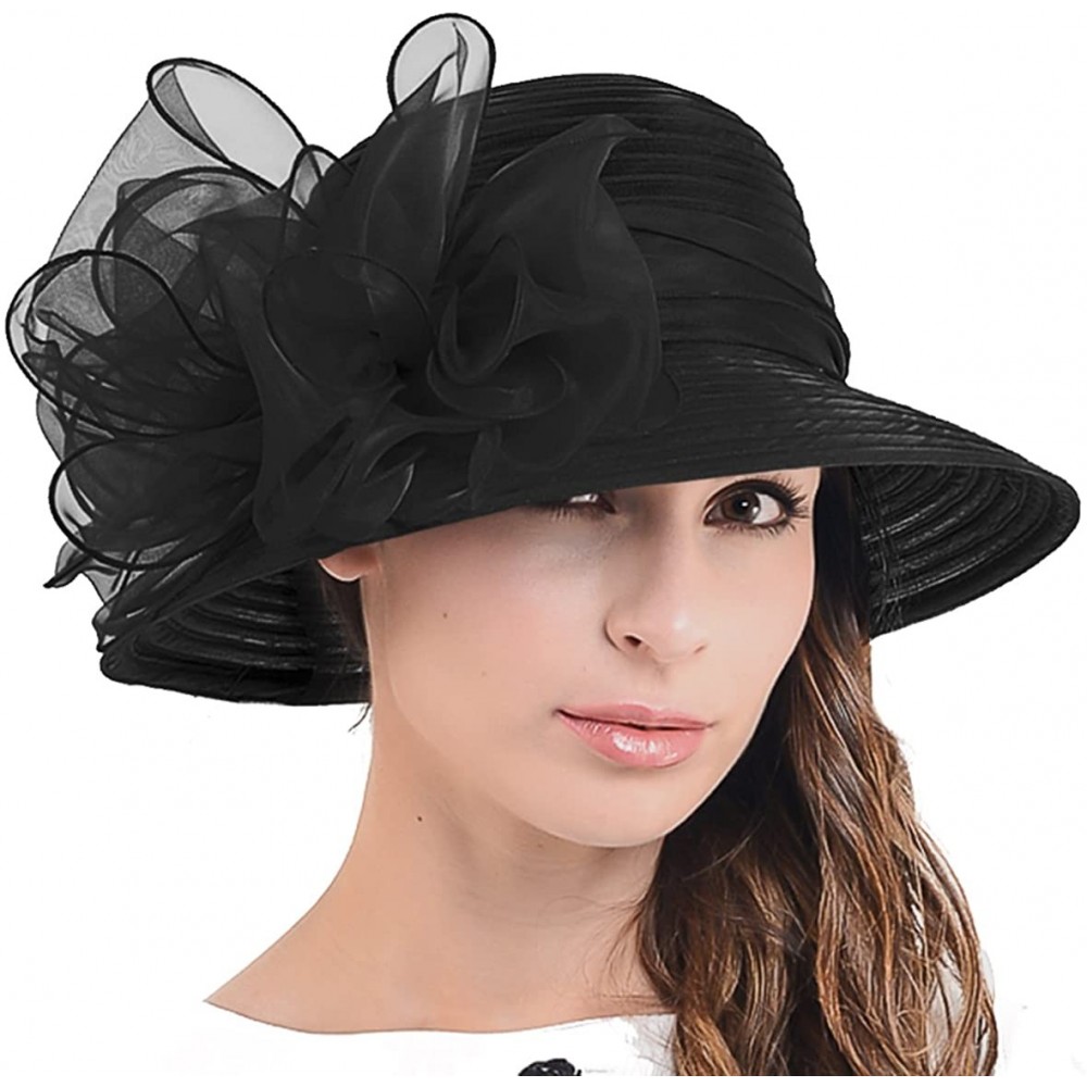 Sun Hats Ascot Kentucky Derby Bowler Church Cloche Hat Bowknot Organza Bridal Dress Cap S051 - Black - CR12F2NEUAL $30.61