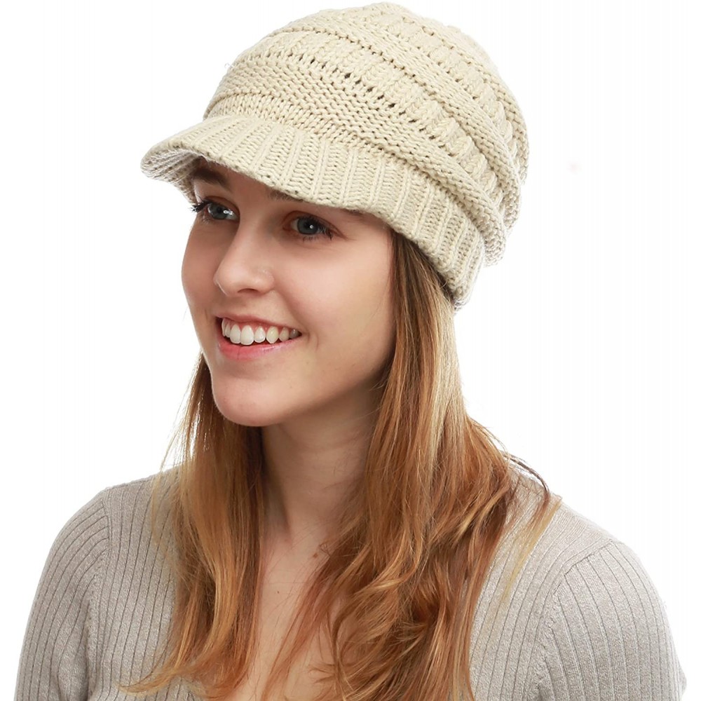 Skullies & Beanies Winter Chunky Long Knit Visor Beanie Skull Hat Cap - Beige - CO12MEPAKVX $11.66