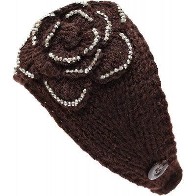 Cold Weather Headbands Hand Knit Crocheted Headband with Stone Flower Decoration-9colors - Dark Brown - C5129JJOHOT $12.82