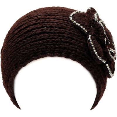 Cold Weather Headbands Hand Knit Crocheted Headband with Stone Flower Decoration-9colors - Dark Brown - C5129JJOHOT $12.82