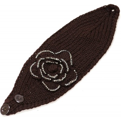 Cold Weather Headbands Hand Knit Crocheted Headband with Stone Flower Decoration-9colors - Dark Brown - C5129JJOHOT $12.82