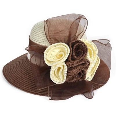 Bucket Hats Women's Straw Cloche Hat Ribbon Flower Bucket Bridal Church Derby Cap - Deep Brown - CK12LT2WERL $19.31