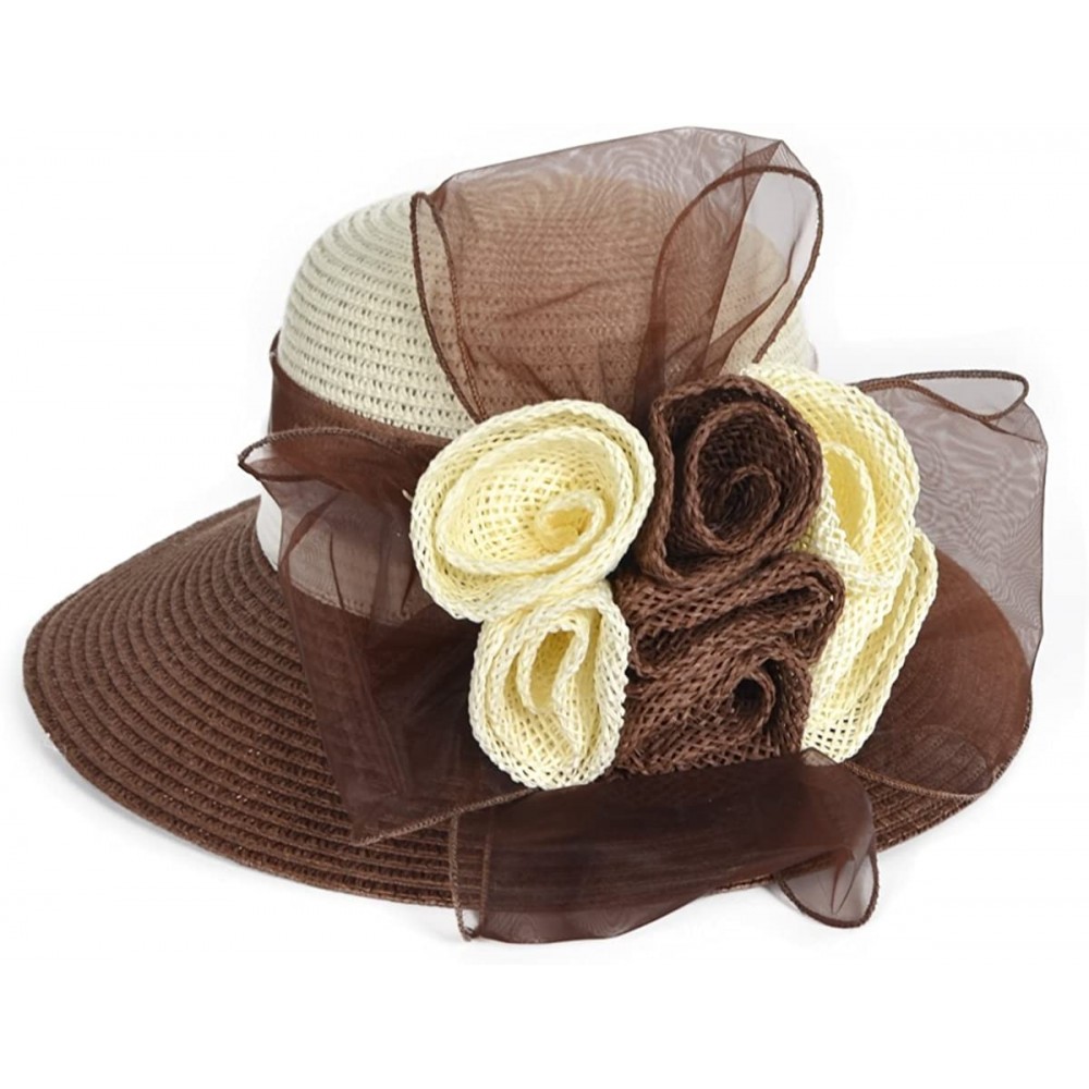 Bucket Hats Women's Straw Cloche Hat Ribbon Flower Bucket Bridal Church Derby Cap - Deep Brown - CK12LT2WERL $19.31